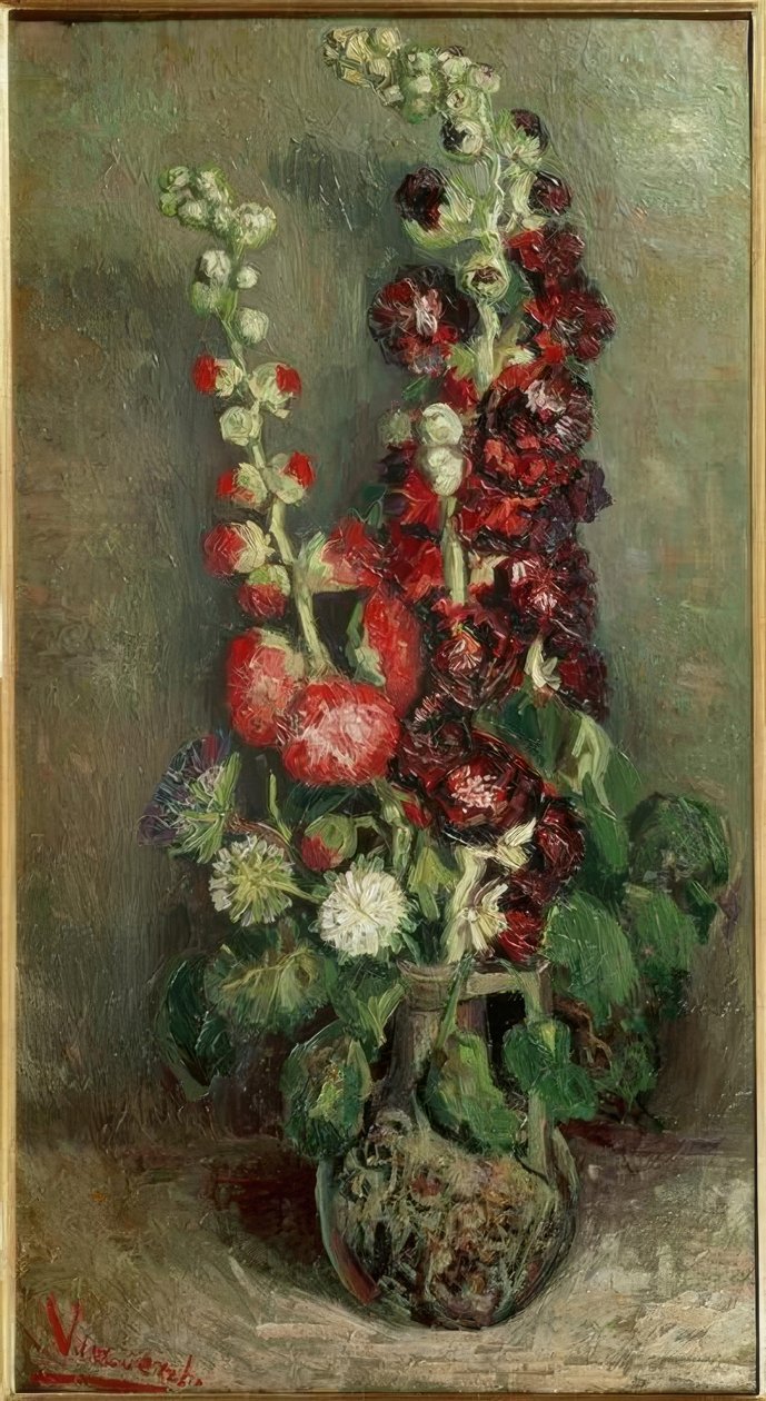 Vaas met rozenmalven door Vincent van Gogh