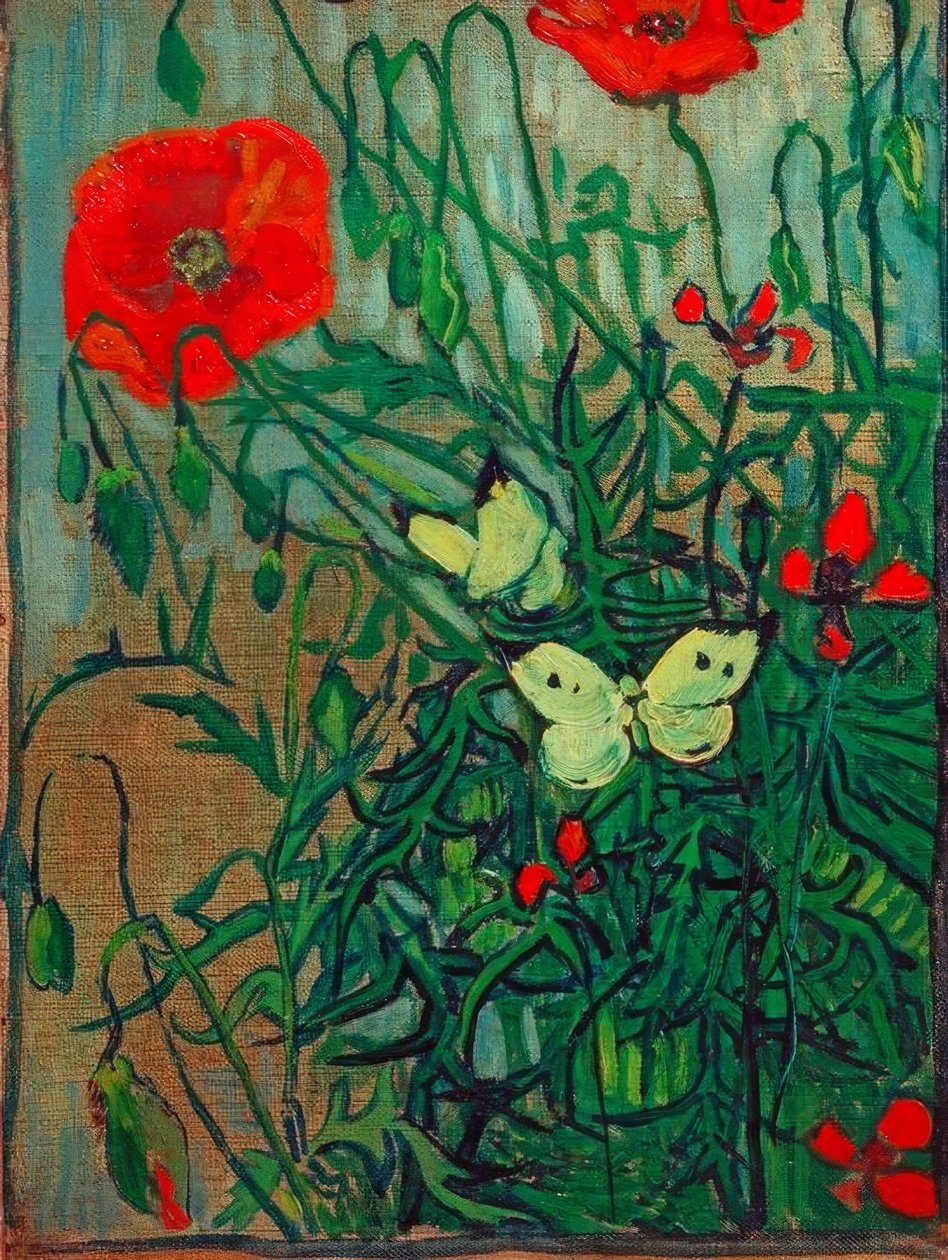 Vlinders op klaprozen door Vincent van Gogh