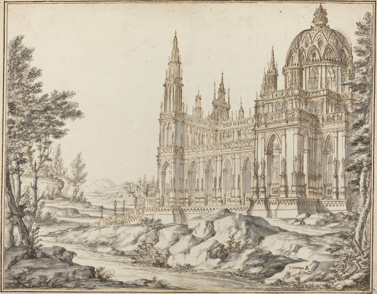 Kathedraal in een landschap door Vincenzo dal Re
