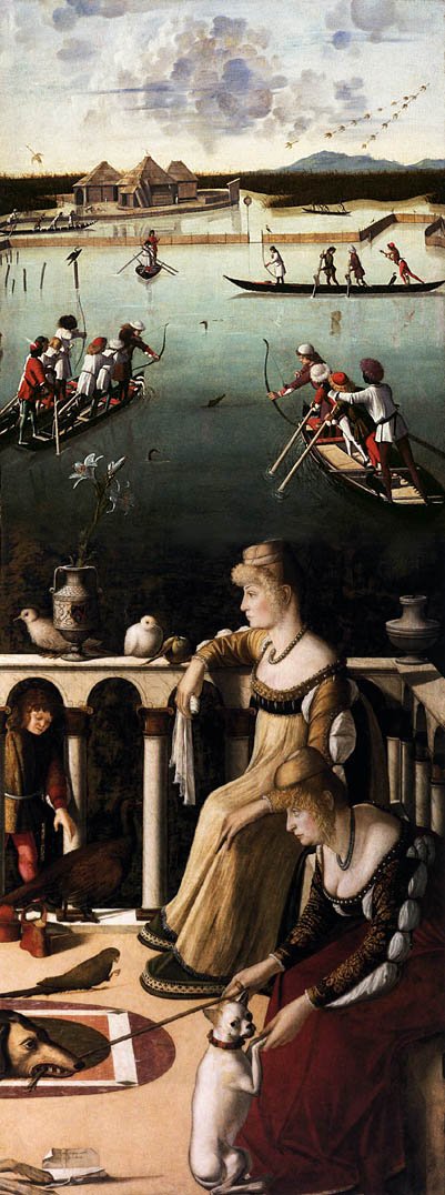Twee Venetiaanse dames en jacht in de lagune door Vittore Carpaccio
