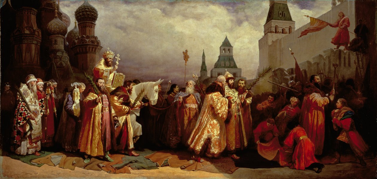 Palmzondag in Moskou met Tsaar Alexei Mikhailovich (1629-76) in een Patriarchale Processie, 1865 door Vyacheslav Grigorievich Shvarts