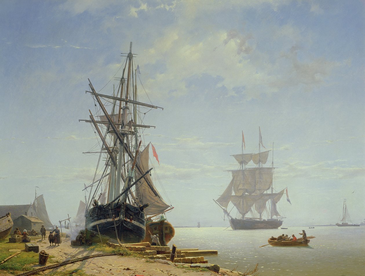 Schepen in een Nederlandse riviermonding, 19e eeuw door W.A. van Deventer