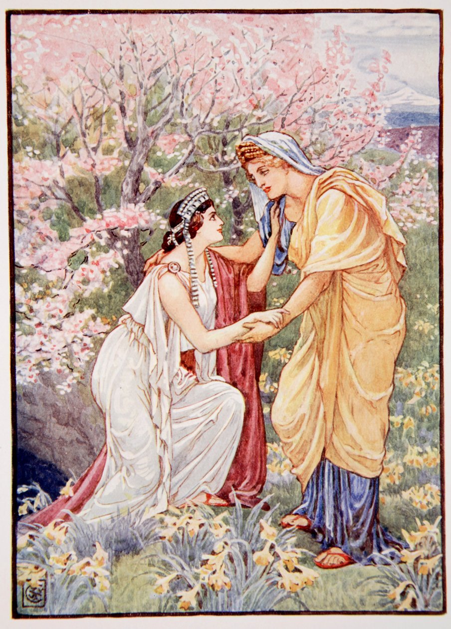 Demeter verheugde zich, want haar dochter was aan haar zijde, illustratie uit Het Verhaal van Griekenland door Mary Macgregor, 1e editie, 1913 door Walter Crane