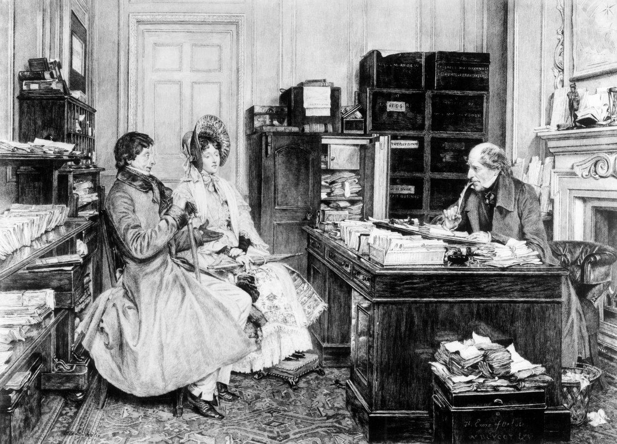 In het kantoor van de advocaat, gegraveerd door James Dobie (b.1849) door Walter Dendy Sadler