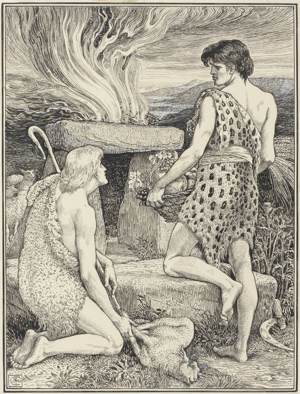 Kaïn en Abel door Walter Crane (signed by artist)
