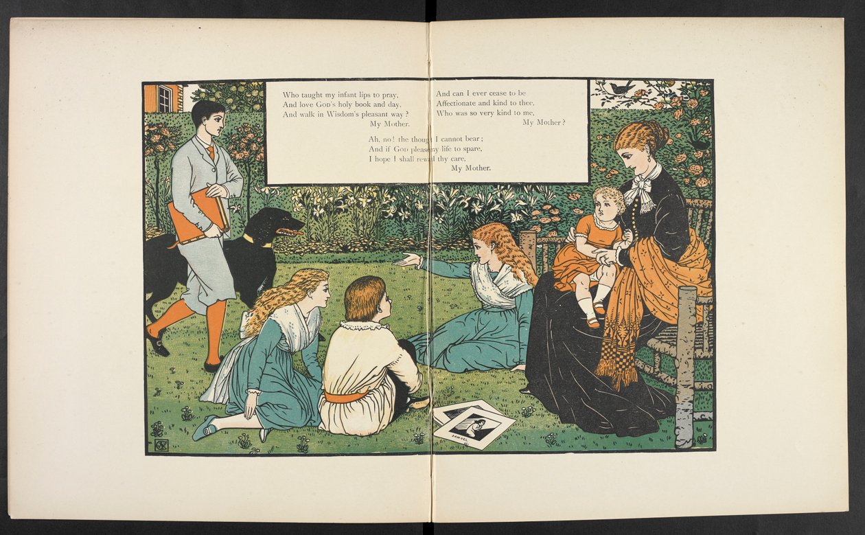 Een familie in een tuin door Walter Crane