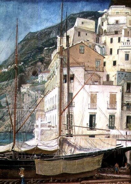 Boten in een Italiaanse haven door Walter Crane