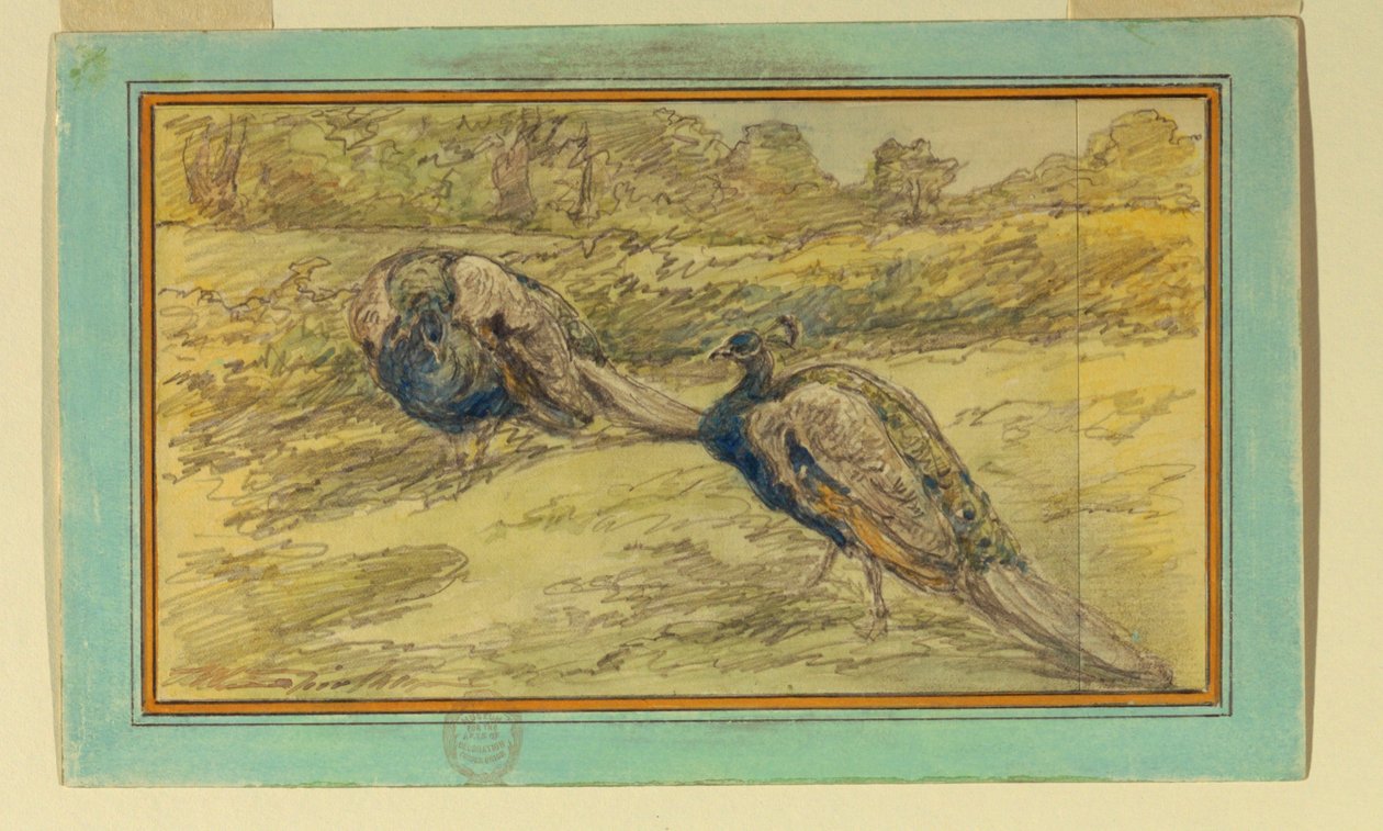 Twee Pauwen in een Landschap door Walter Shirlaw