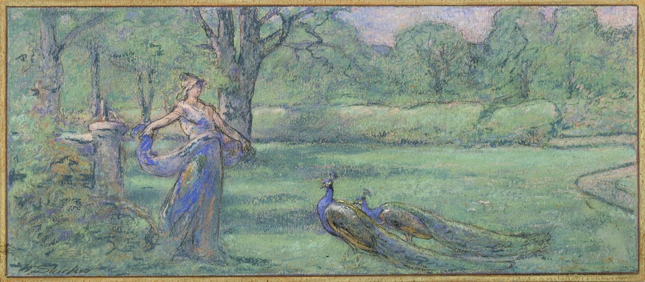 Vrouw met pauwen in een tuin door Walter Shirlaw