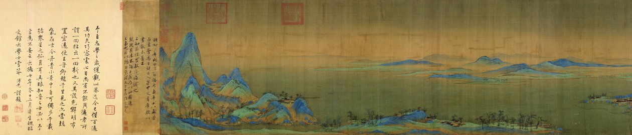 Einddetail van A Thousand Li of River and Mountains (handrol in inkt en kleur op zijde) door Wang Ximeng