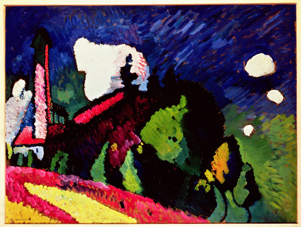 Landschap met een torenspits, 1909 door Wassily Kandinsky