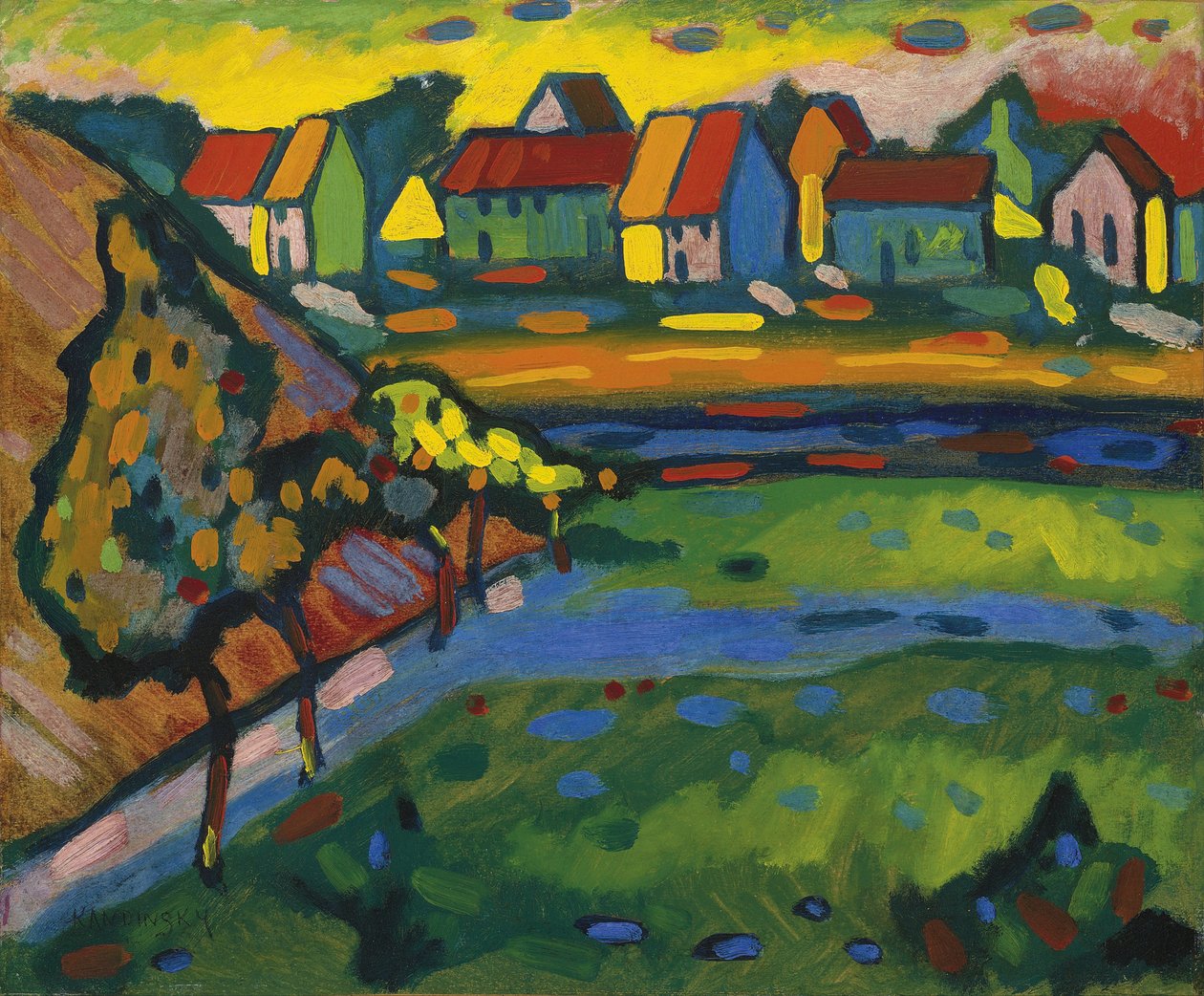 Beiers dorp met een veld, ca. 1908 door Wassily Kandinsky