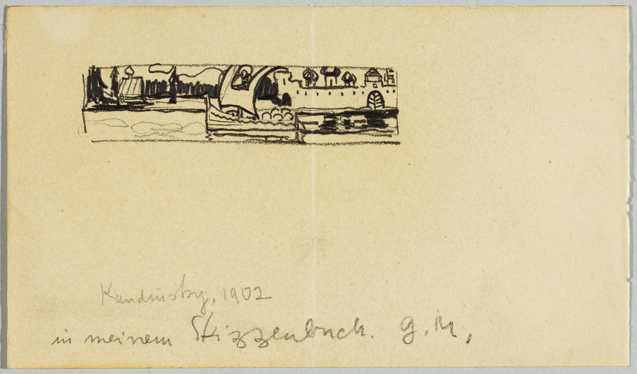 Rivierlandschap met boot en ommuurde stad door Wassily Kandinsky