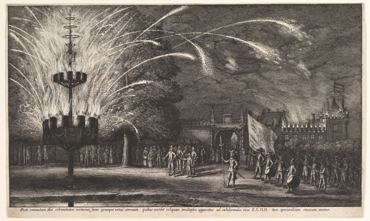 Vuurwerk in Hemissem, 1625-77 door Wenceslaus Hollar