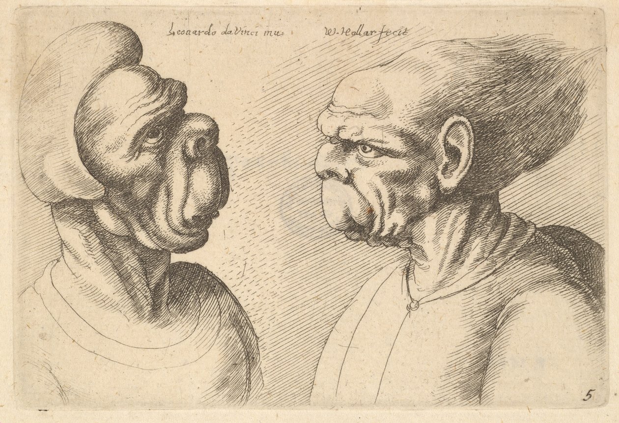 Twee misvormde hoofden naar binnen gericht, 1625-77 door Wenceslaus Hollar