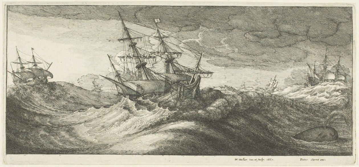 Oorlogsschepen en een spuitende walvis door Wenceslaus Hollar