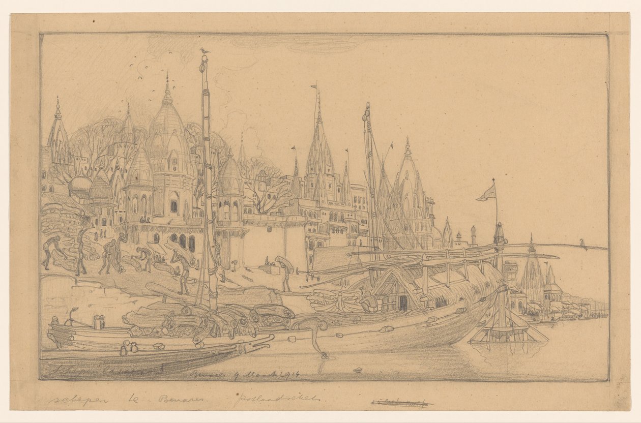 Rivieroever met schepen te Benares door Wijnand Otto Jan Nieuwenkamp