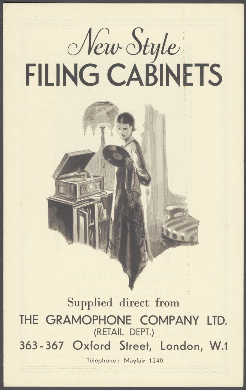 De Gramophone Company Archiefkasten, 1920s door Wilfred Fryer, Curtis Advertising Agency