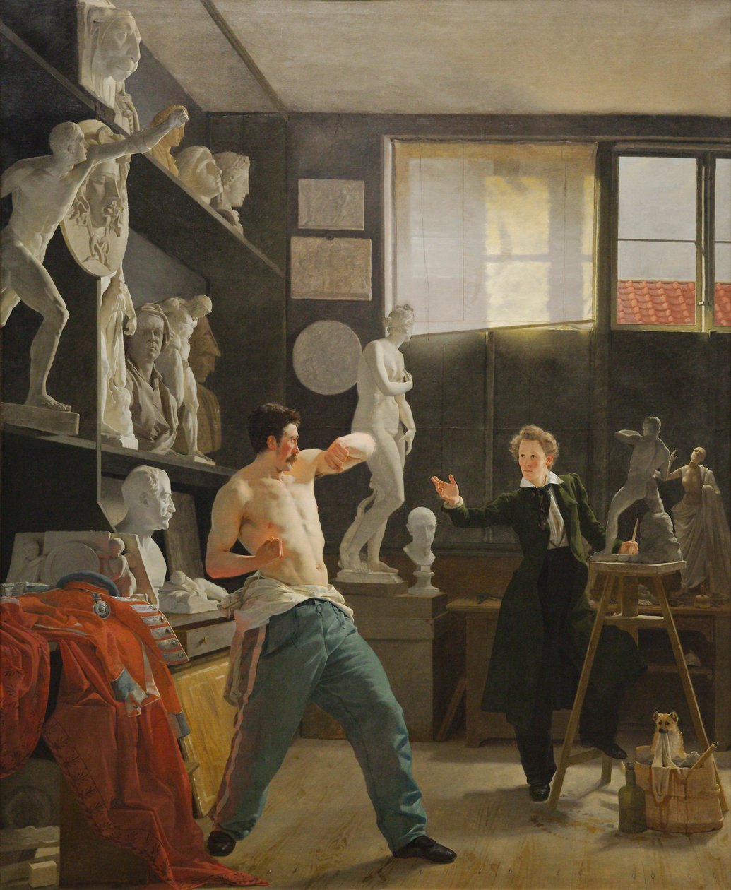 Een beeldhouwer (Christen Christensen) werkt naar levend model in zijn atelier door Wilhelm Bendz