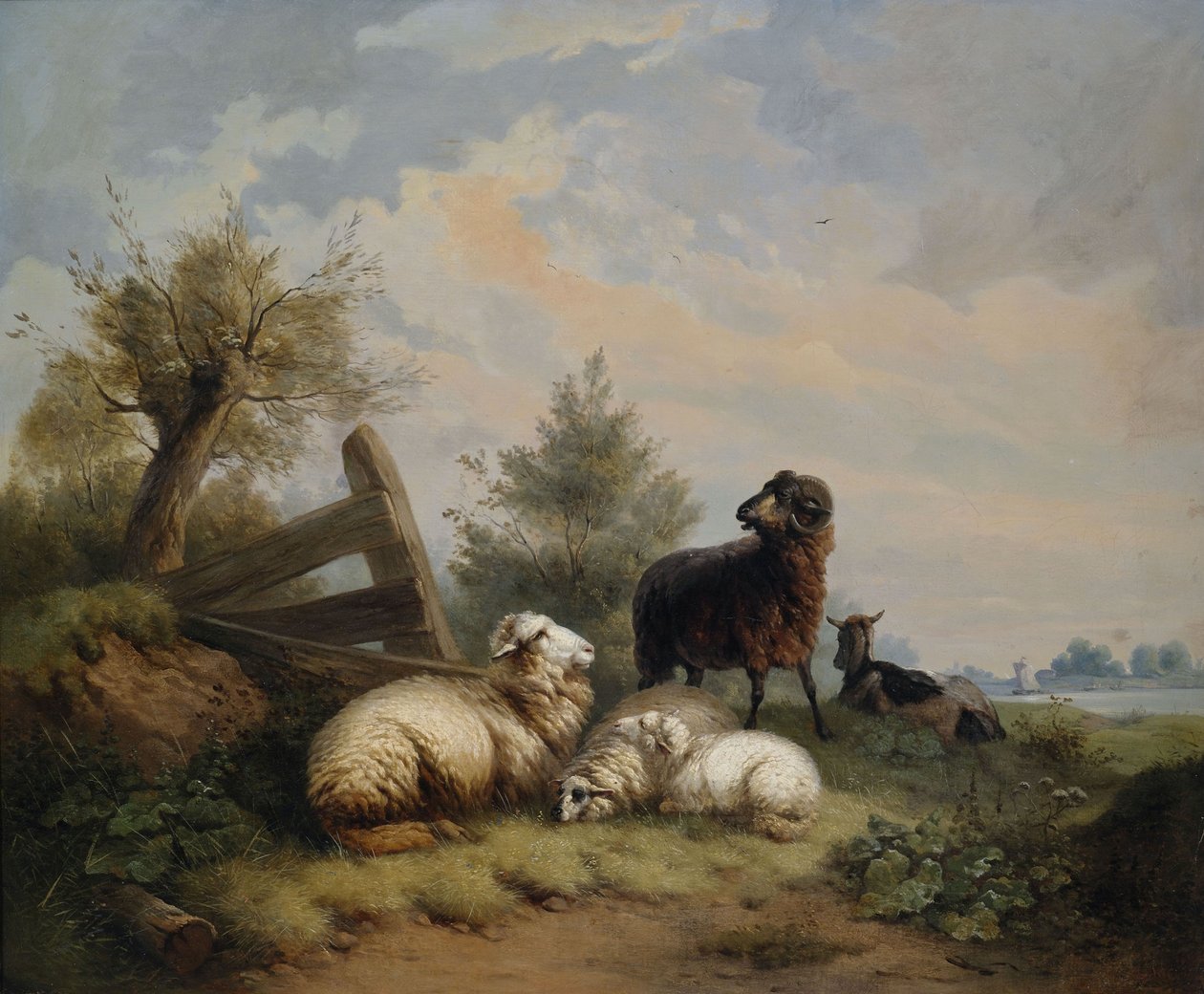 Schapen, ram en geit bij het hek door Wilhelm Melchior