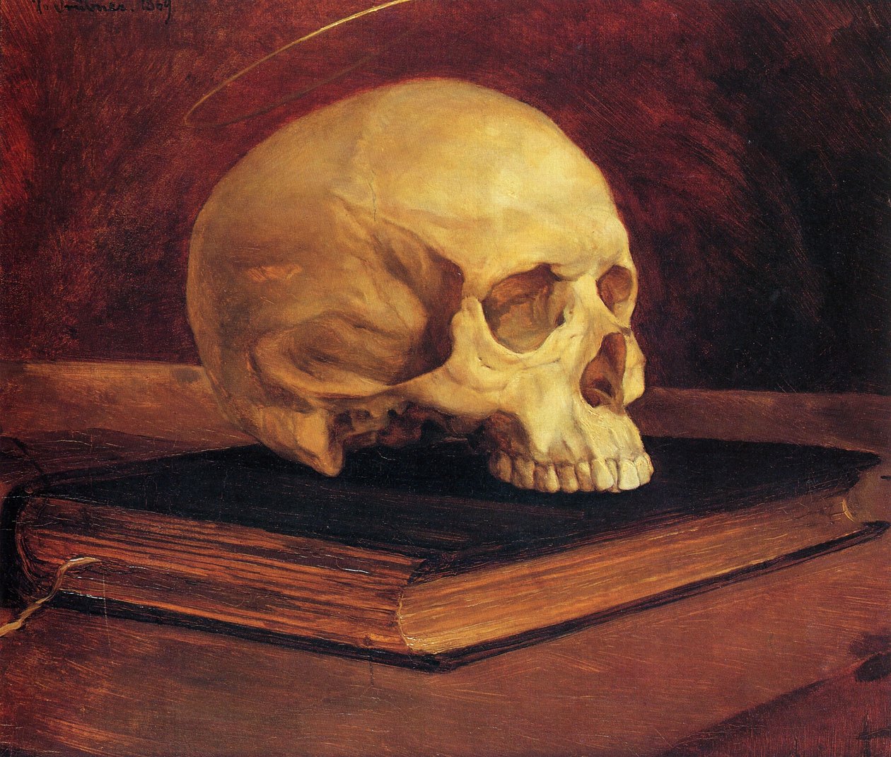 Vanitas stilleven. Doodshoofd op een boek door Wilhelm Trübner