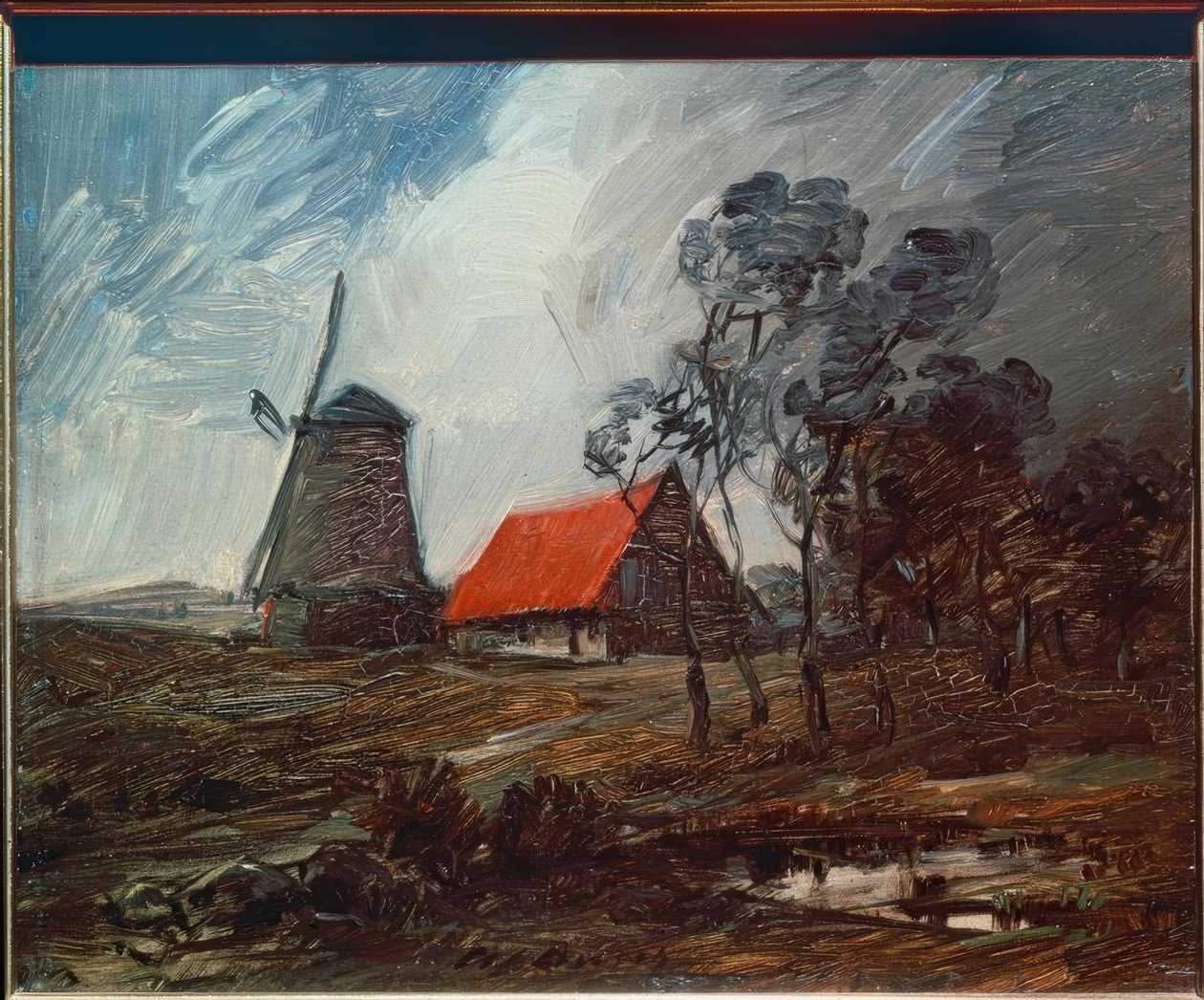 Herfstlandschap met windmolen en rood huis door Wilhelm Busch