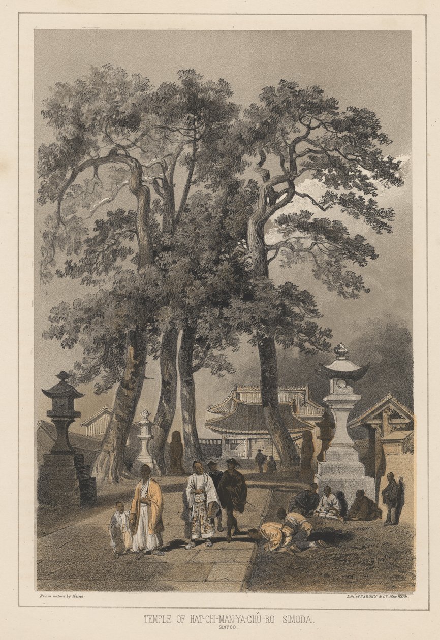 Tempel van Hat-Chi-Man-Ya-Chu-Ro, Simoda (Sintoo), 1855 door Wilhelm Joseph Heine