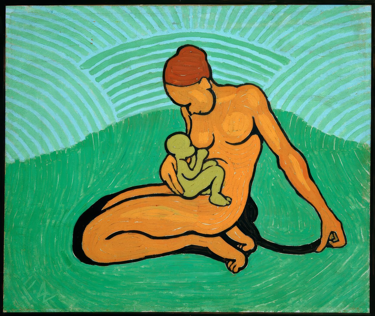 Moeder en kind op groene achtergrond door Wilhelm Morgner