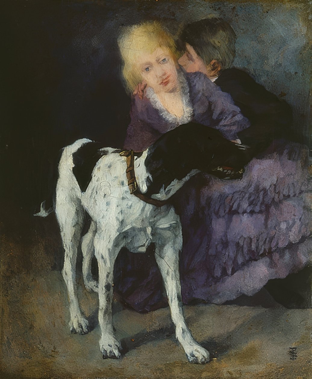 Liefdespaar met hond door Wilhelm Trübner