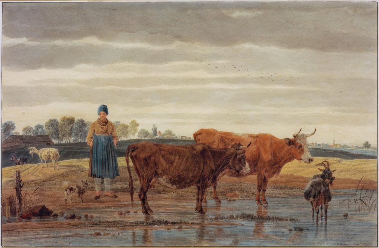 Boerin met Weidevee bij het Water door Wilhelm von Kobell