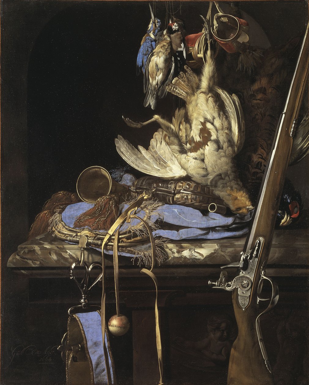 Wild met jachtuitrusting in een nis door Willem van Aelst