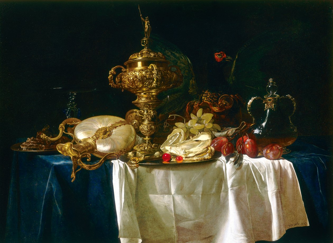 Stilleven met vazen en fruit door Willem van Aelst