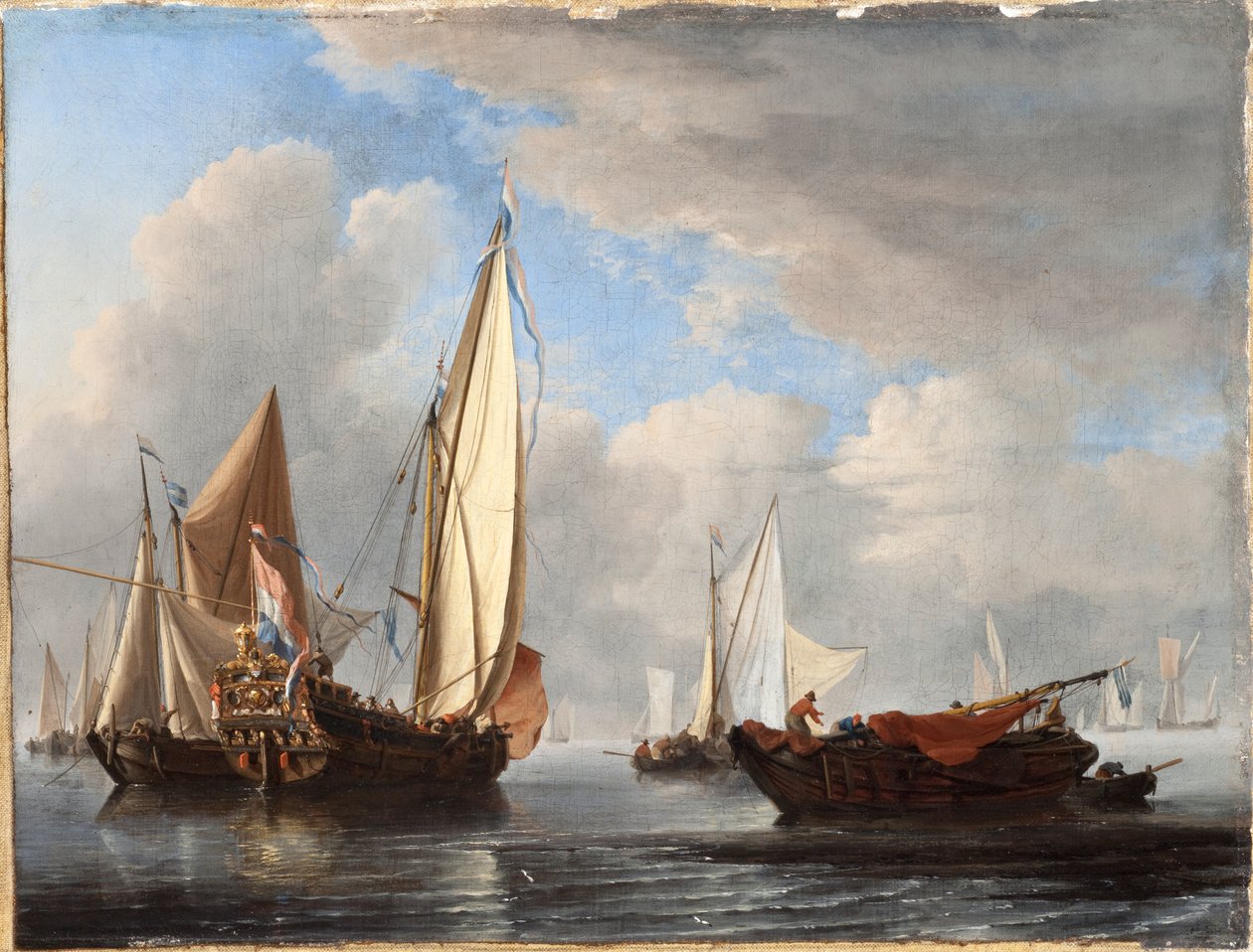 Een jacht en andere schepen in een kalme zee door Willem van de Velde the Younger