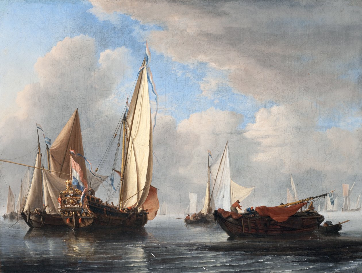 Een jacht en andere schepen in kalm water door Willem van de Velde the Younger