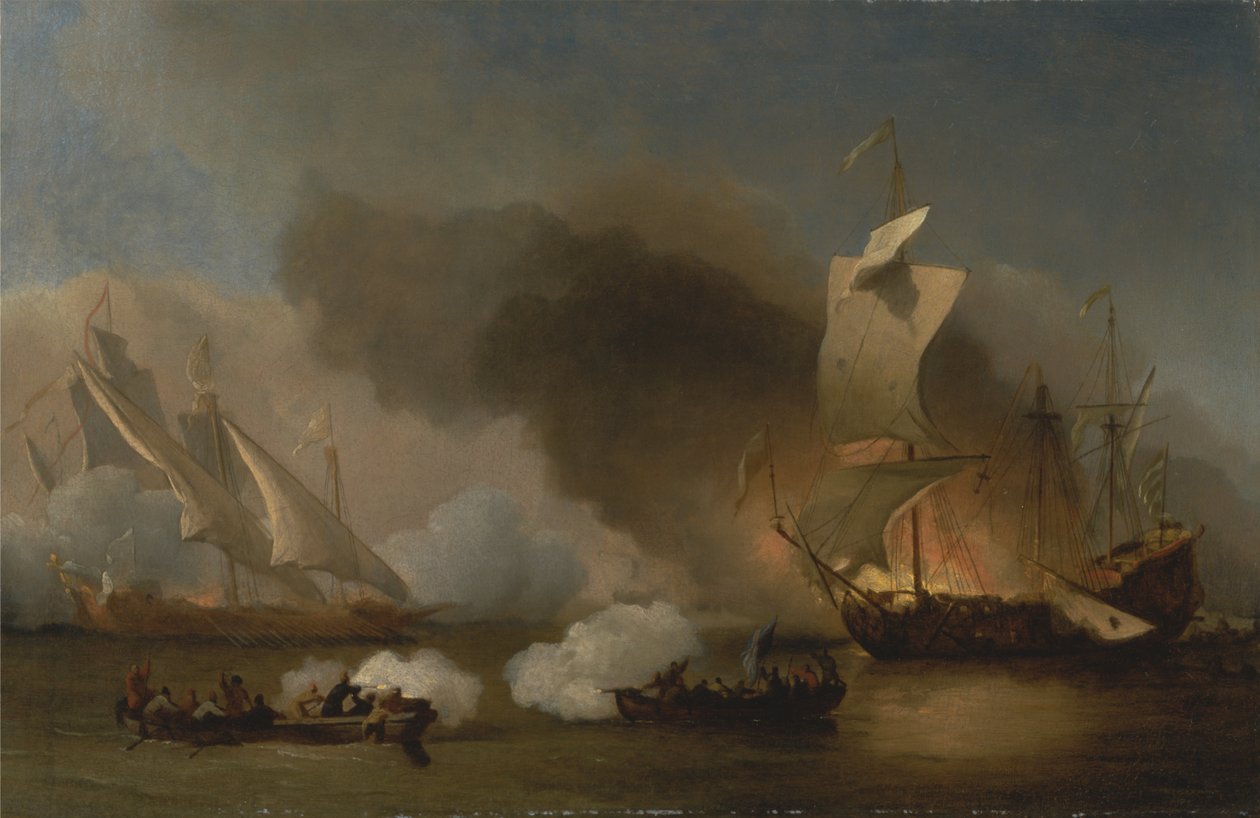 Een actie voor de Barbarijse kust met galeien en Engelse schepen door Willem van de Velde the Younger