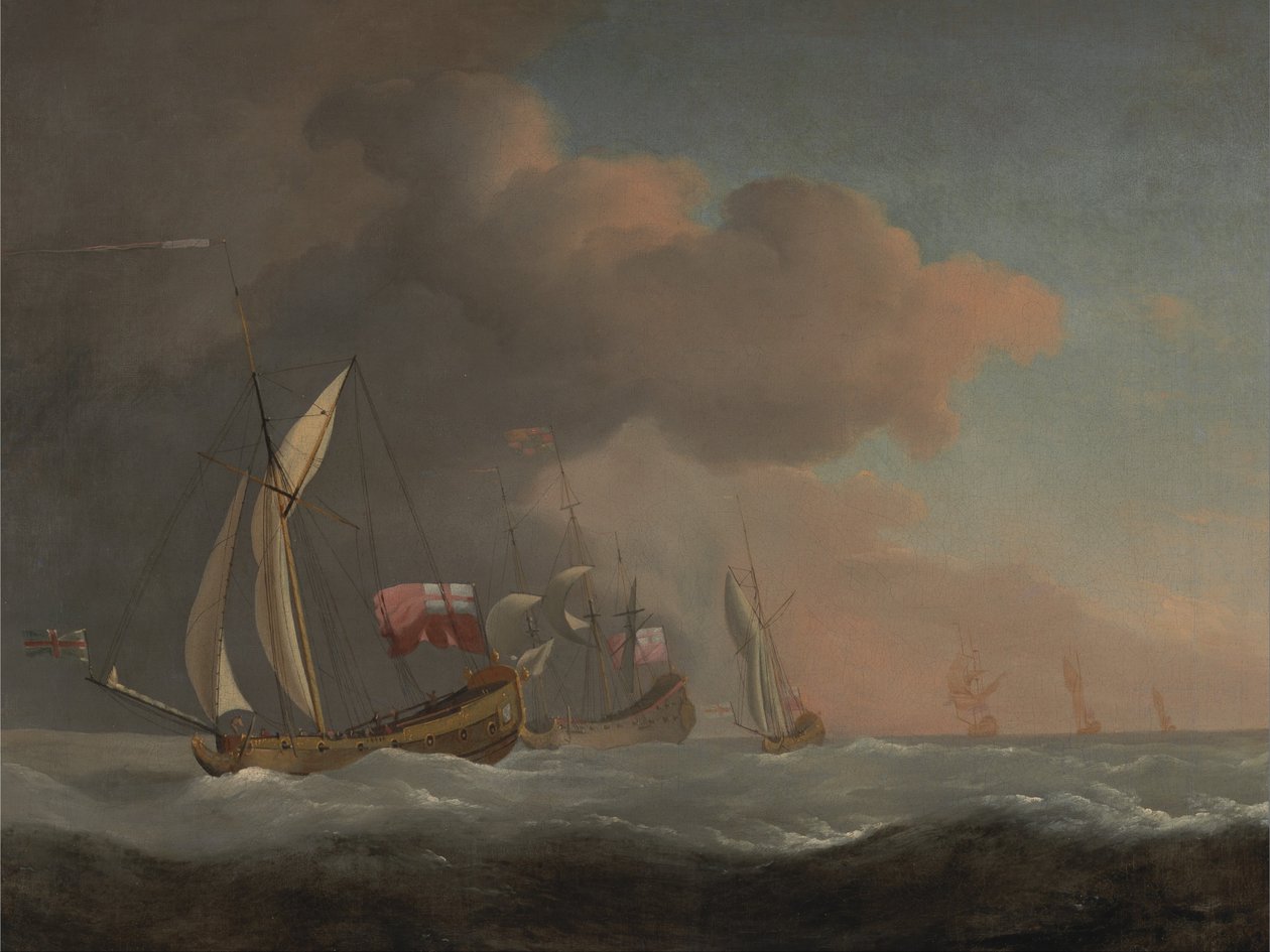 Engelse koninklijke jachten op zee in een sterke bries, in gezelschap van een schip dat de koninklijke standaard voert door Willem van de Velde the Younger