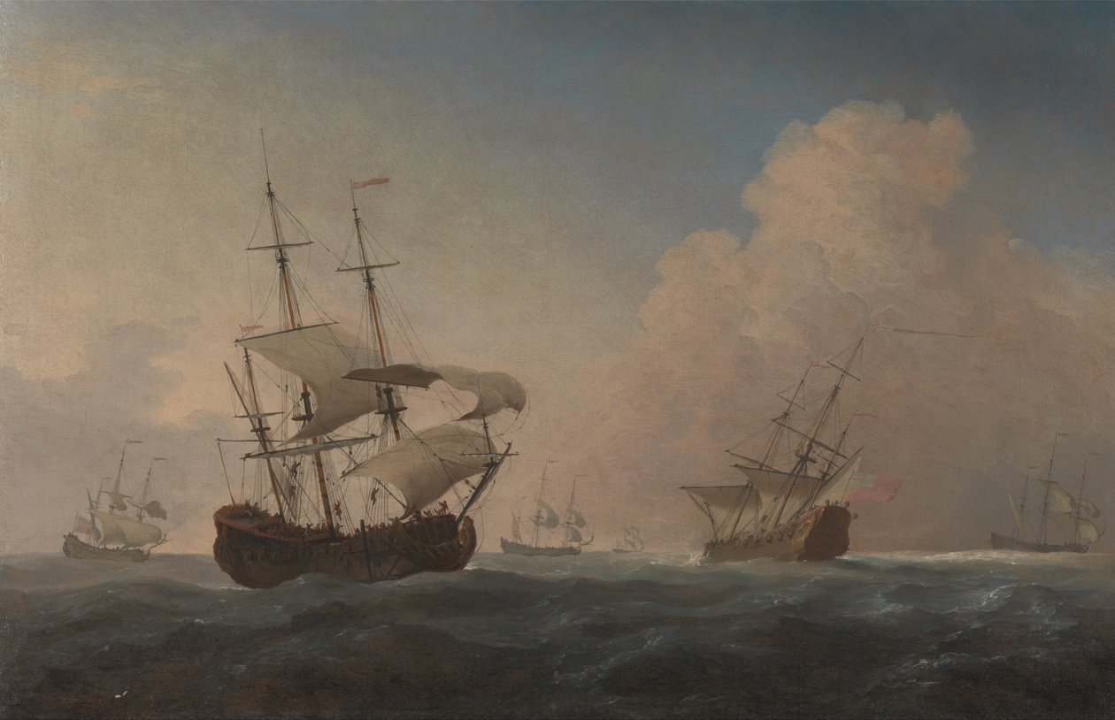 Engelse Oorlogsschepen Hellend in de Bries Offshore door Willem van de Velde the Younger