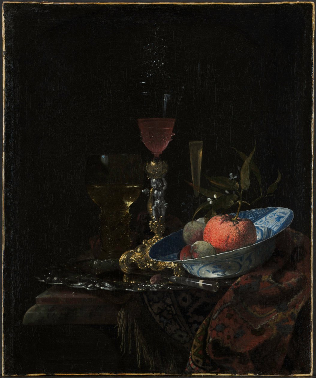 Wijnglas en een schaal met fruit, 1663 door Willem Kalf