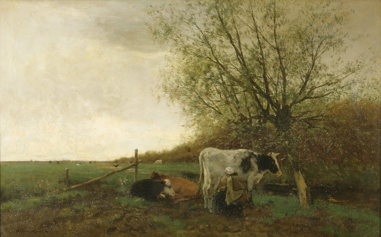 Melktijd (olieverf op doek) door Willem Maris