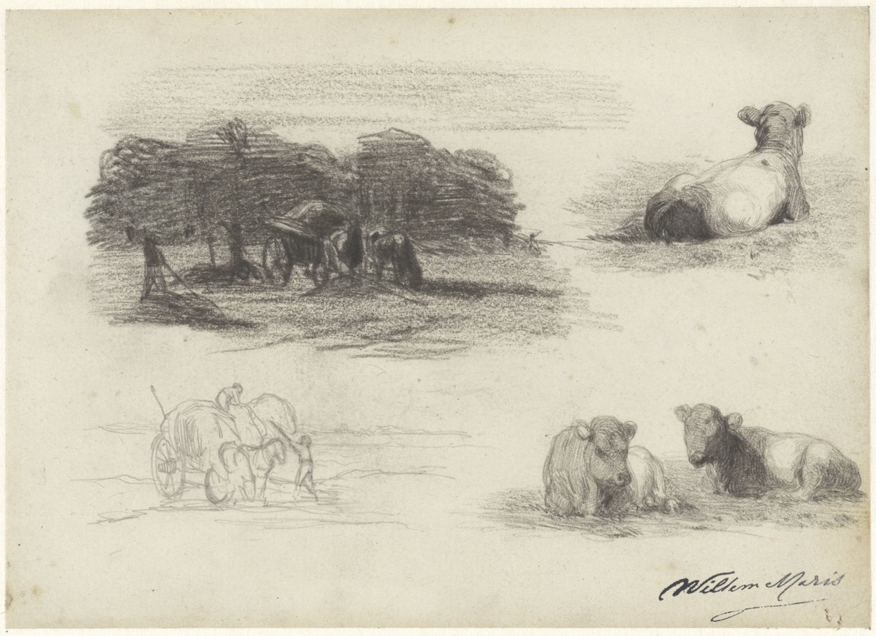 Vier schetsen van hooiwagens en koeien door Willem Maris