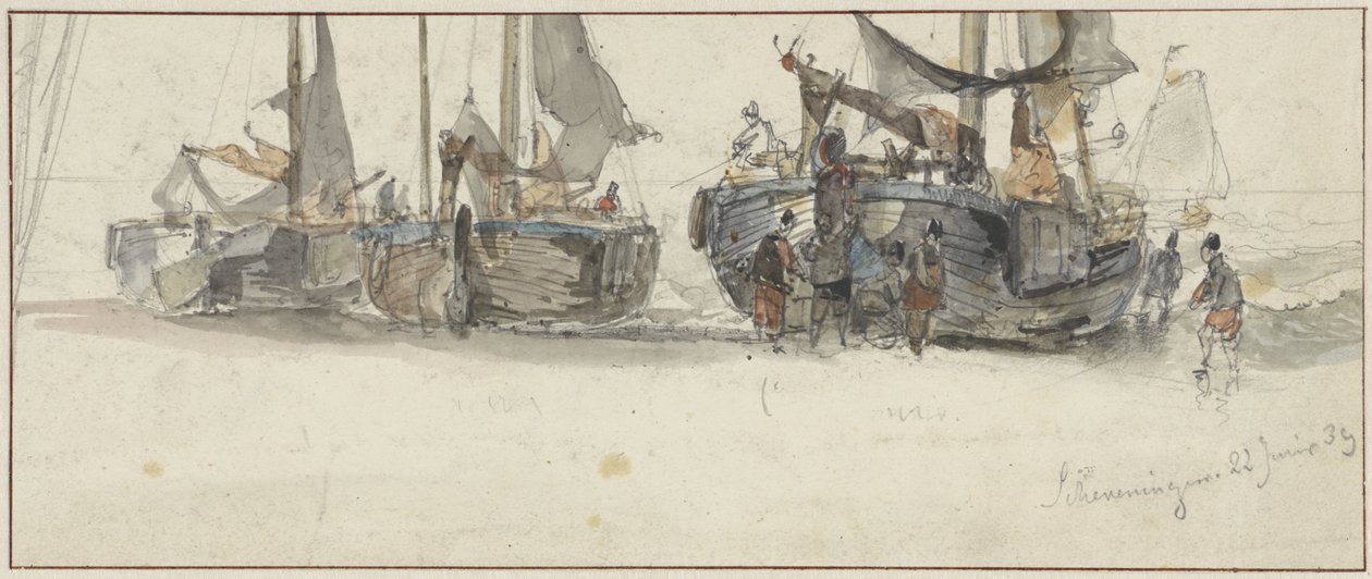 Vissersboten op het strand van Scheveningen door Willem Roelofs (I)