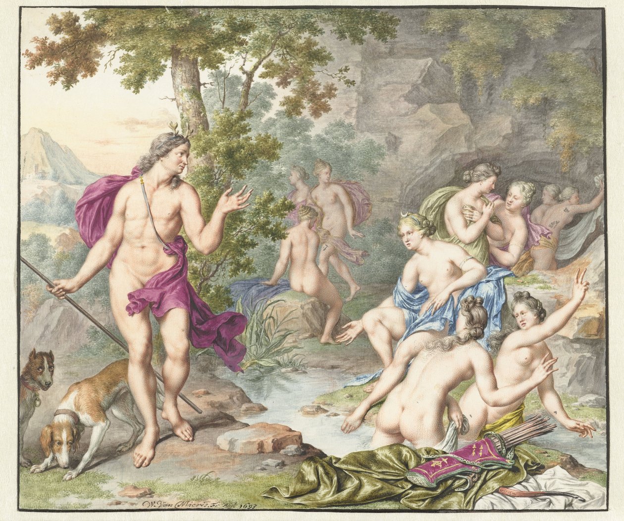 Actaeon verrast Diana en haar gezellinnen door Willem Van Mieris