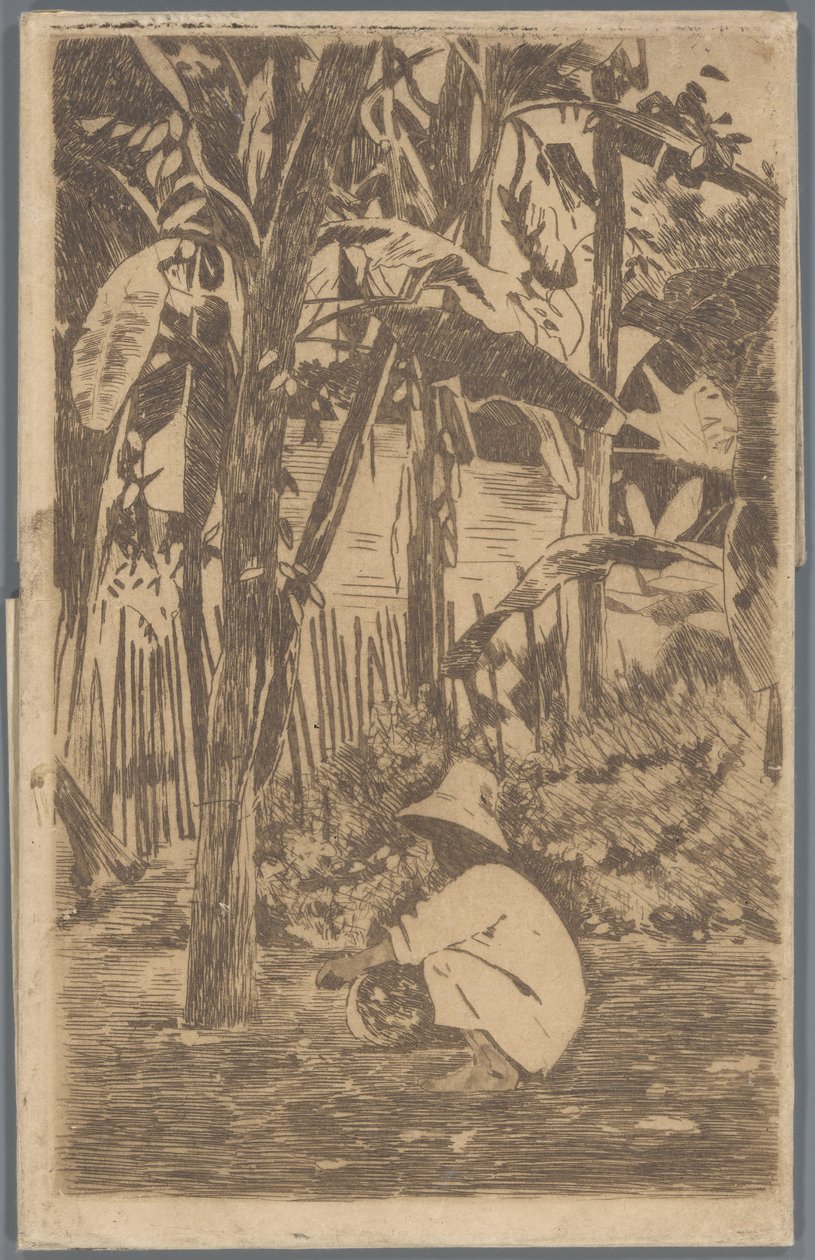 Hurkende jongen in een tuin, Buitenzorg door Willem Arnoldus Witsen