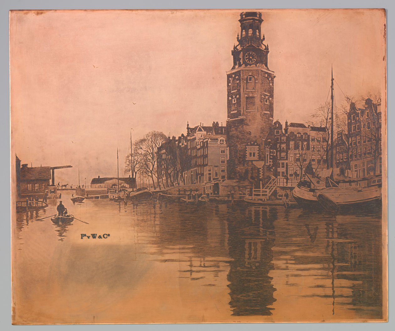 Oude Schans met Montelbaanstoren en roeiboot door Willem Arnoldus Witsen