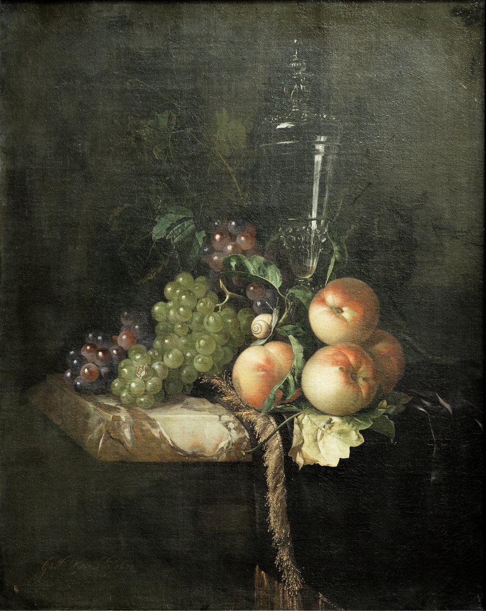 Druiven, perziken en grote glazen door Willem van Aelst