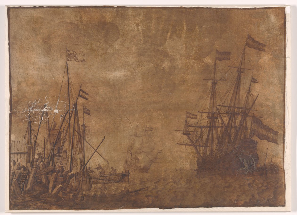 Schepen bij een havenhoofd door Willem van de Velde (I)