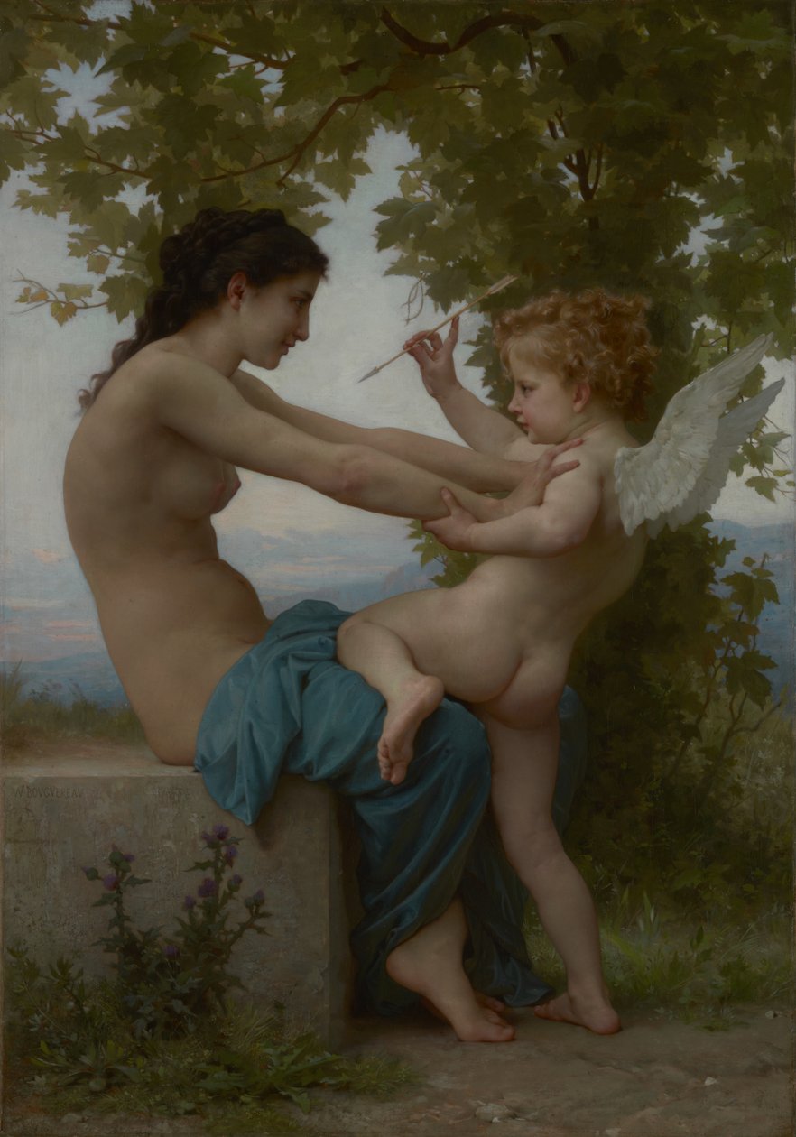 Een jong meisje verdedigt zichzelf tegen Eros door William Adolphe Bouguereau