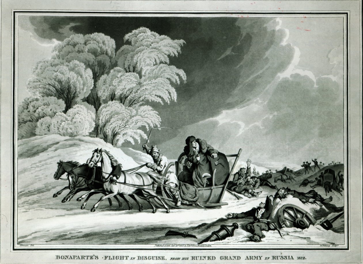 Napoleon vermomd tijdens de terugtocht uit Rusland in 1812 (aquatint) door William Atkinson