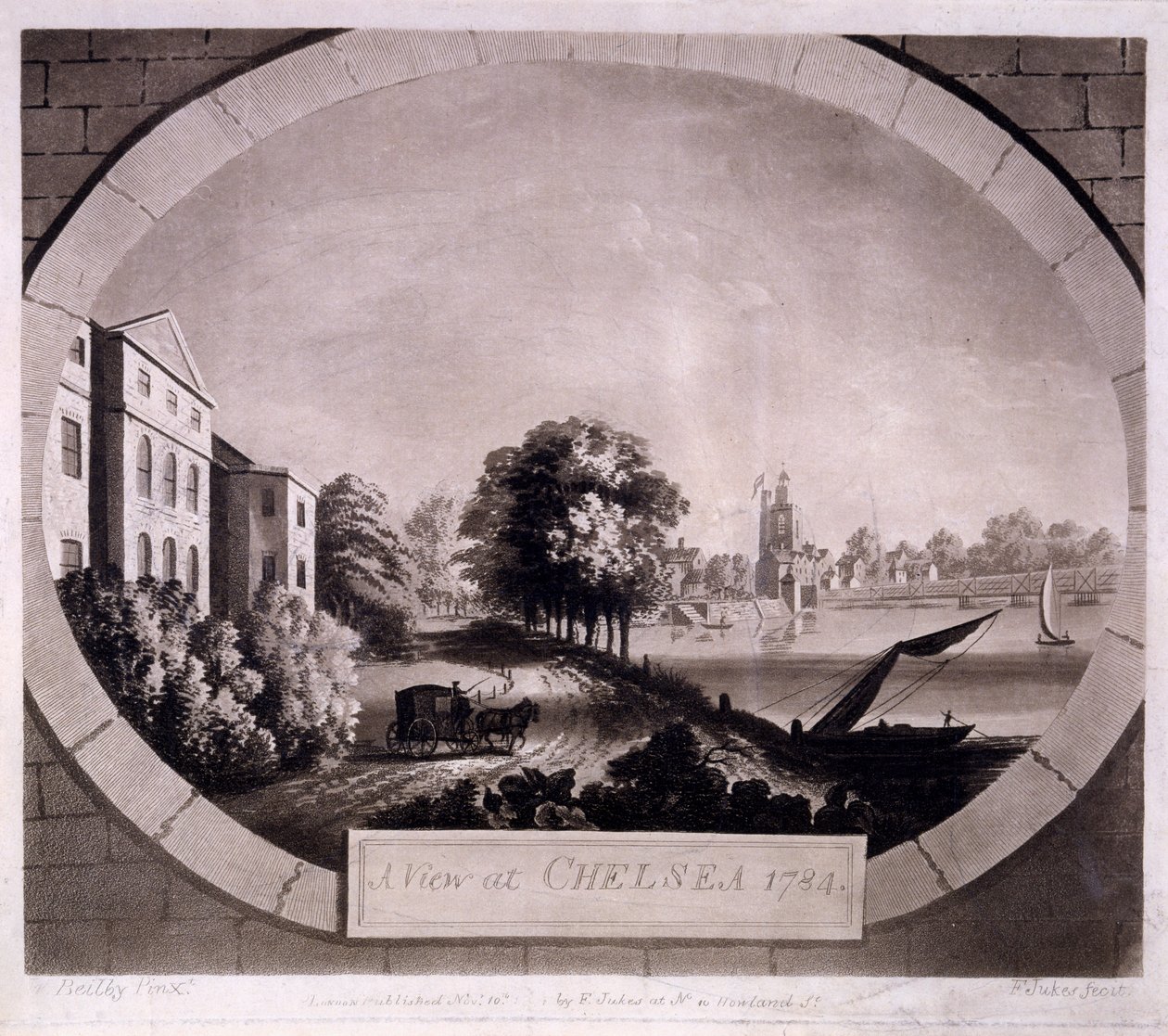 Uitzicht op Chelsea, prent gemaakt door F. Jukes, 1784 door William Beilby