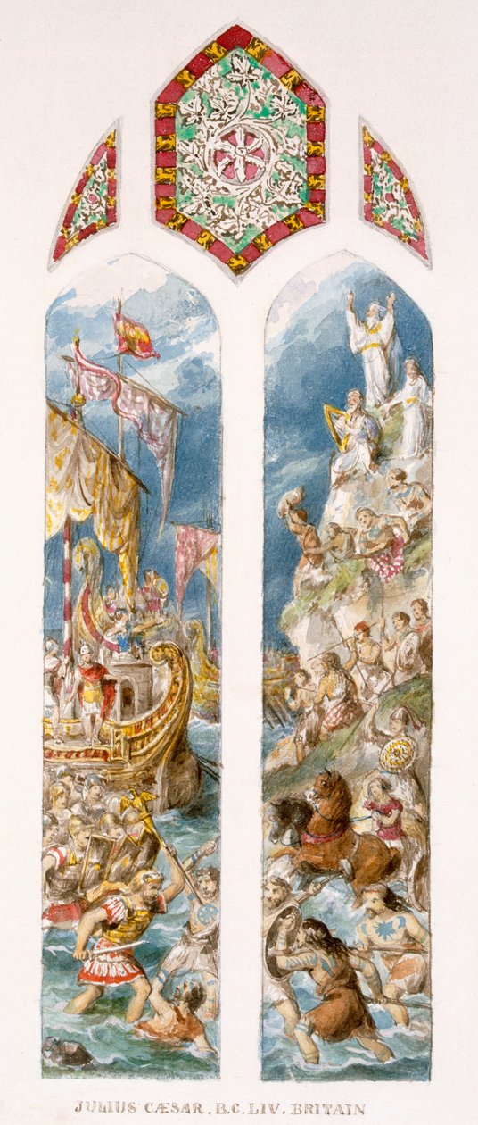 Julius Caesar arriveert aan de kusten van Brittannië, 54 v.Chr., in trimarans, wordt aangevallen door Britten geschilderd in woad, ca. 1880 door William Bell and Boyd, Alice Scott